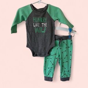 Okie Dokie 9 Month Baby Boy's "Hungry Like the Wolf" Mint Green Gray Outfit Set
